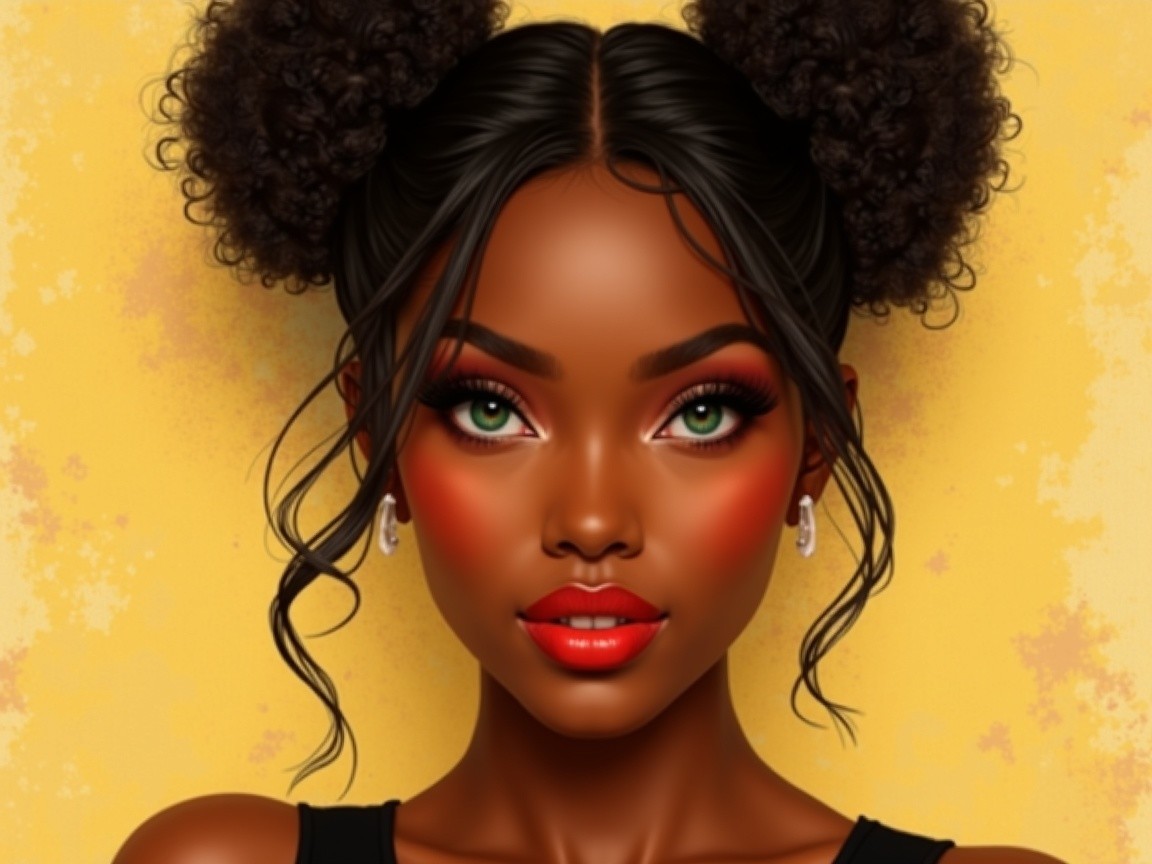 Young woman with green eyes and red lips on yellow background