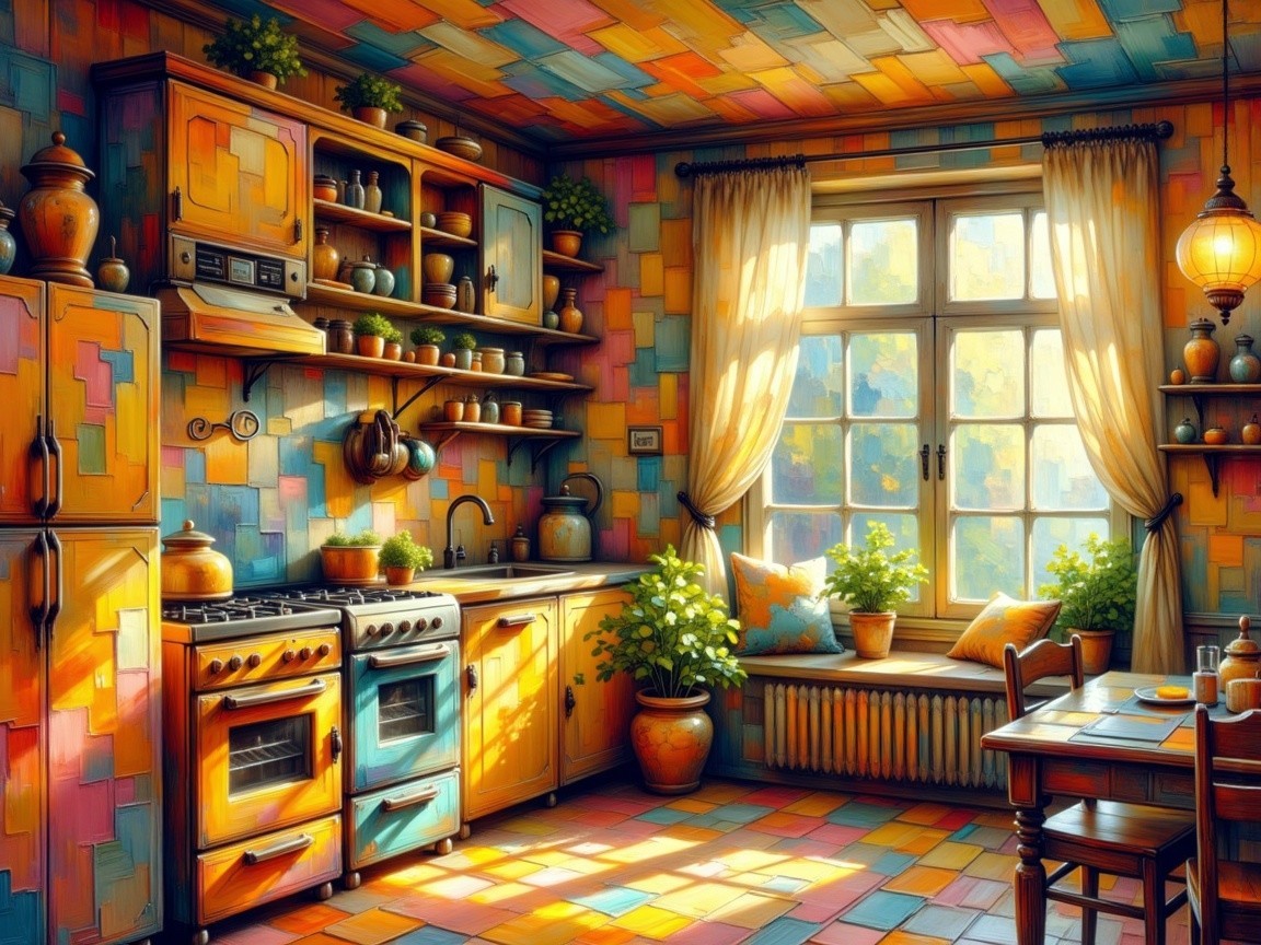 Vibrant Kitchen with Colorful Tiles and Cozy Seating