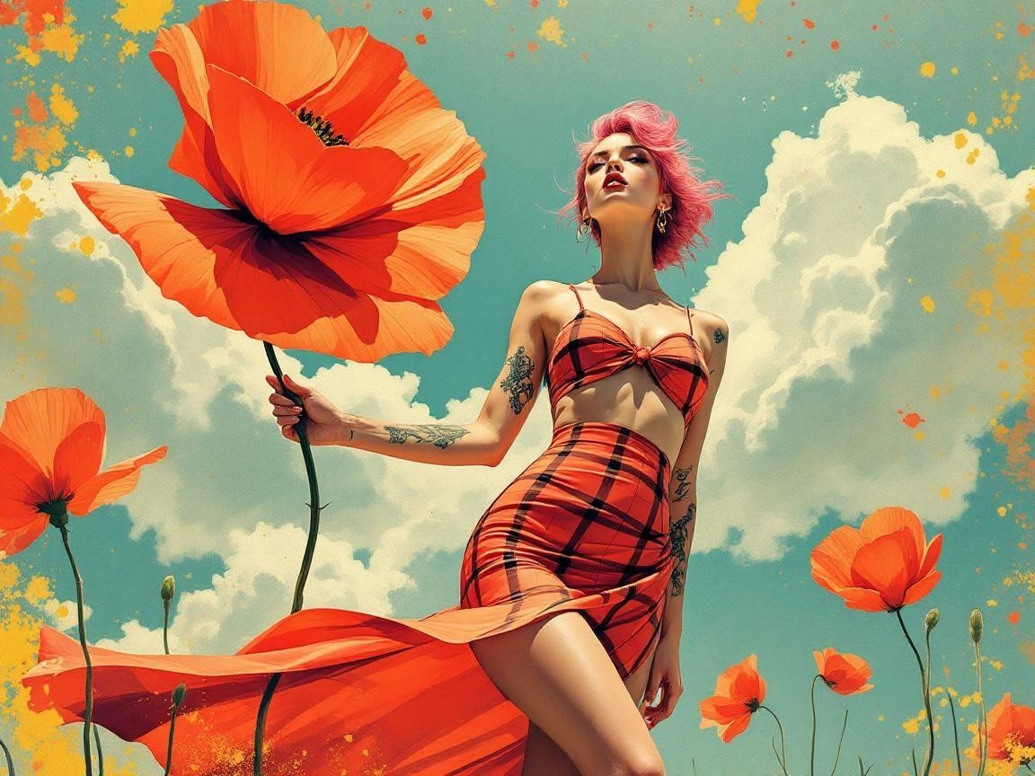 Model in Checkered Bikini Surrounded by Poppy Flowers