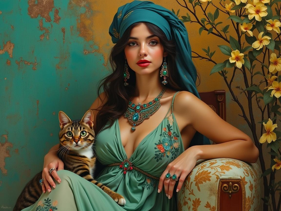 Elegant Woman in Teal Dress with Striped Cat