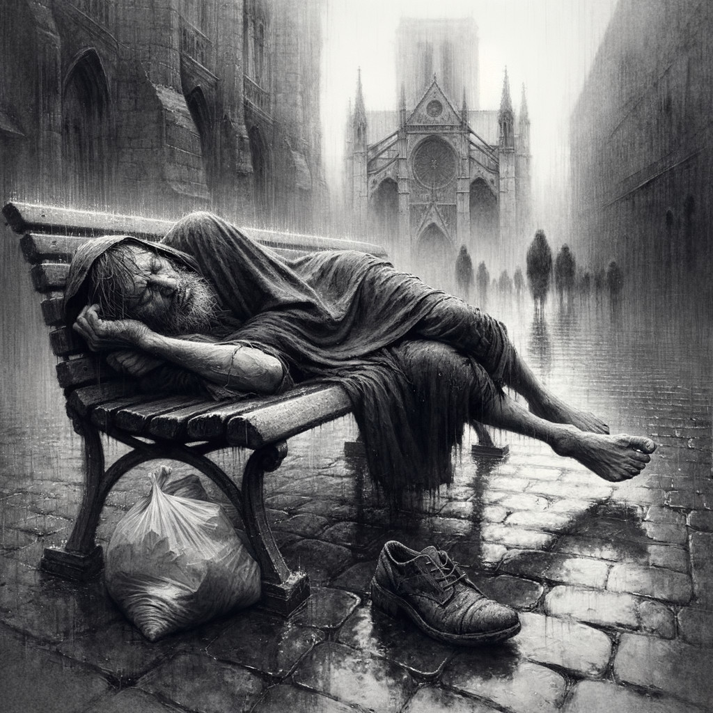 Elderly Man Asleep on Park Bench in Rainy Setting