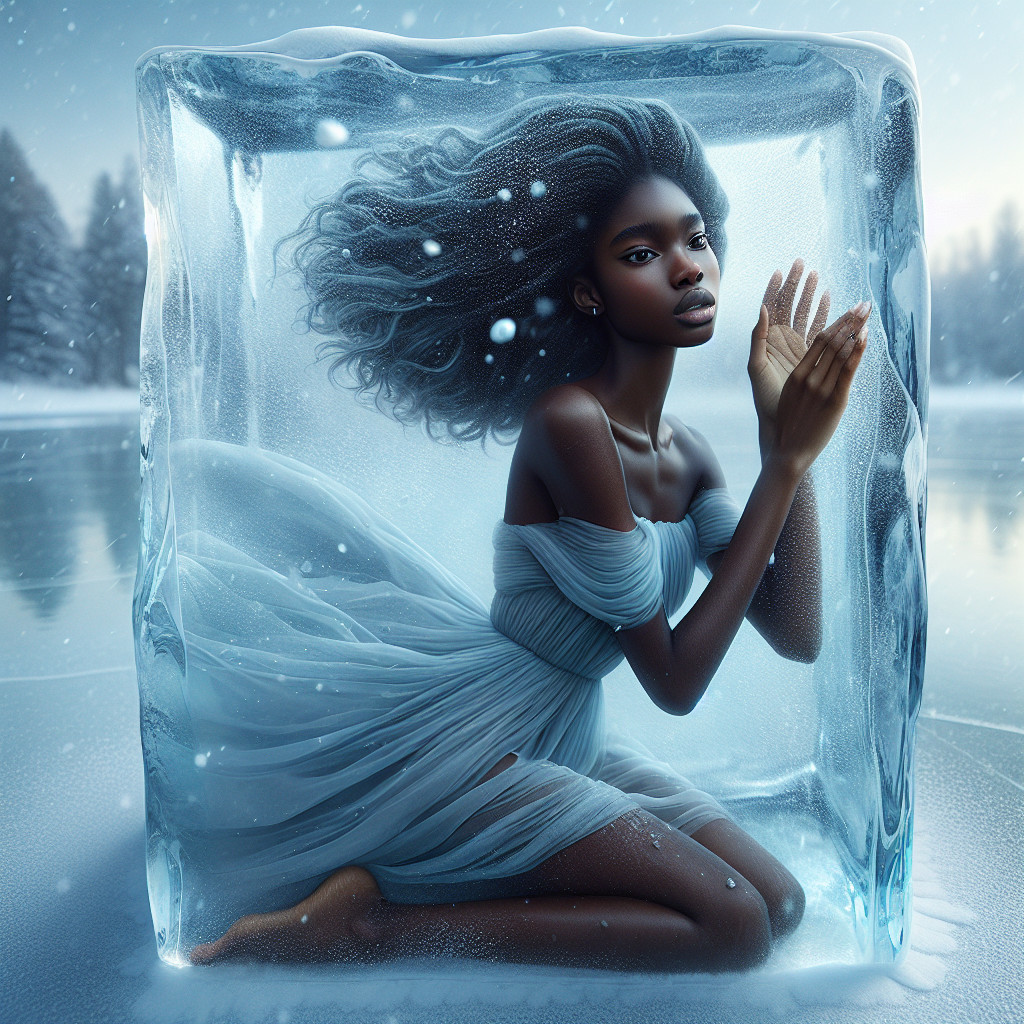 Serene figure encased in ice with flowing hair and gown