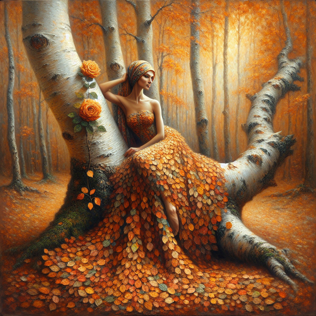 Autumn Forest Scene with Woman in Leaf Dress