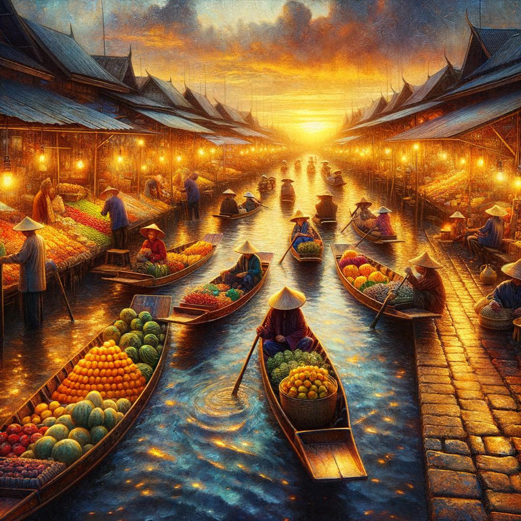 Vibrant Riverside Market at Sunset with Colorful Boats