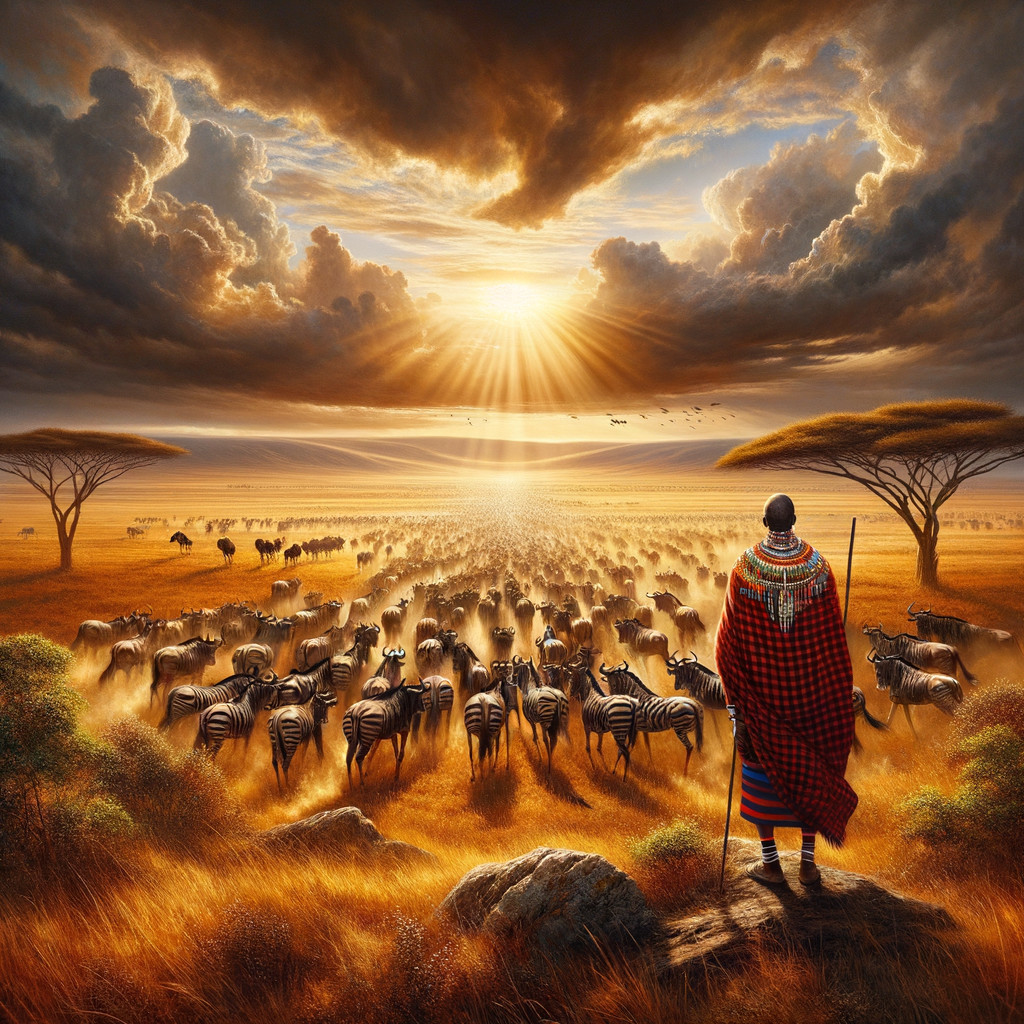 Sunset Over Savanna with Maasai Warrior and Zebras