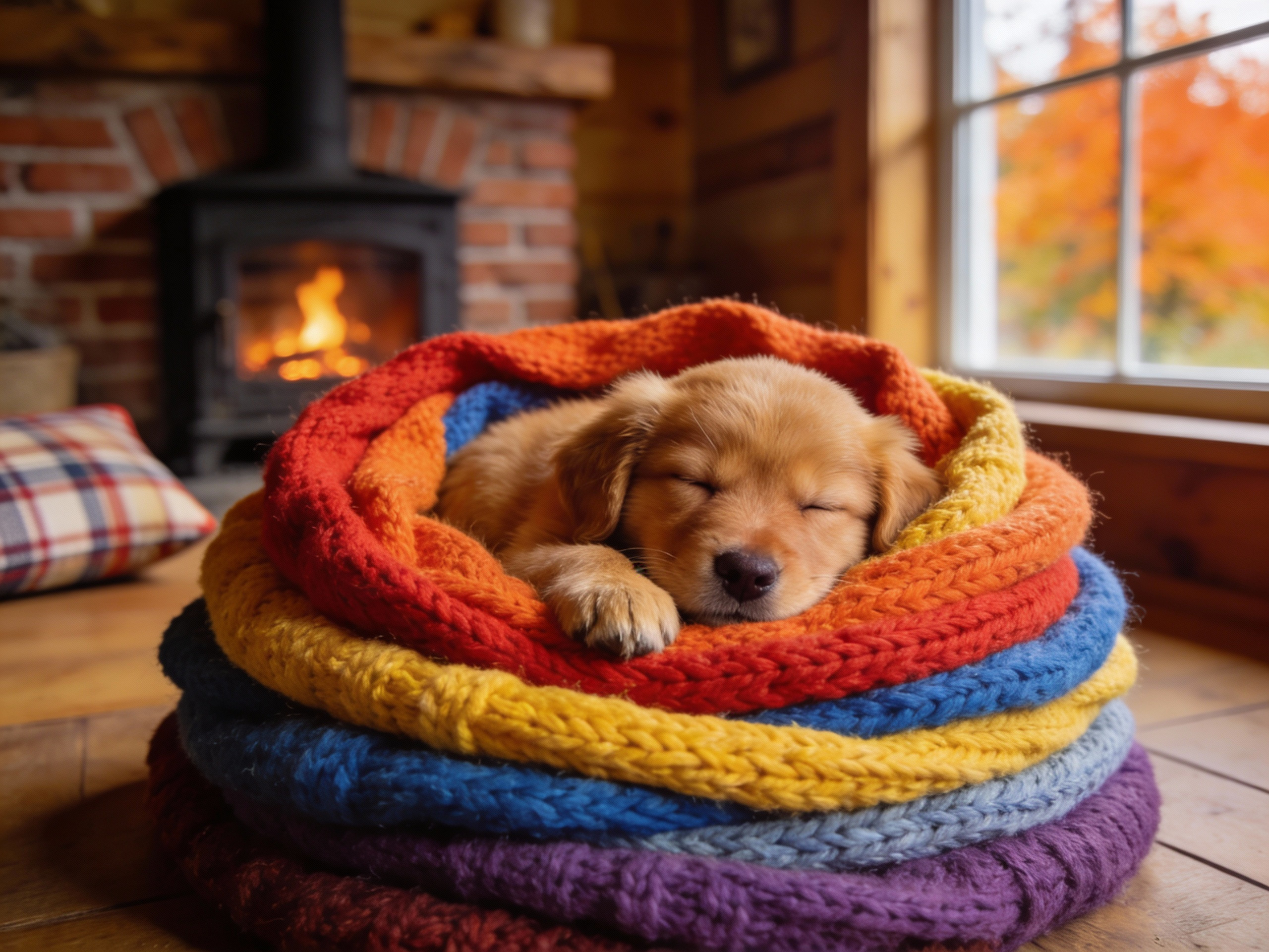 Golden Retriever Puppy in Colorful Knitted Dog Bed