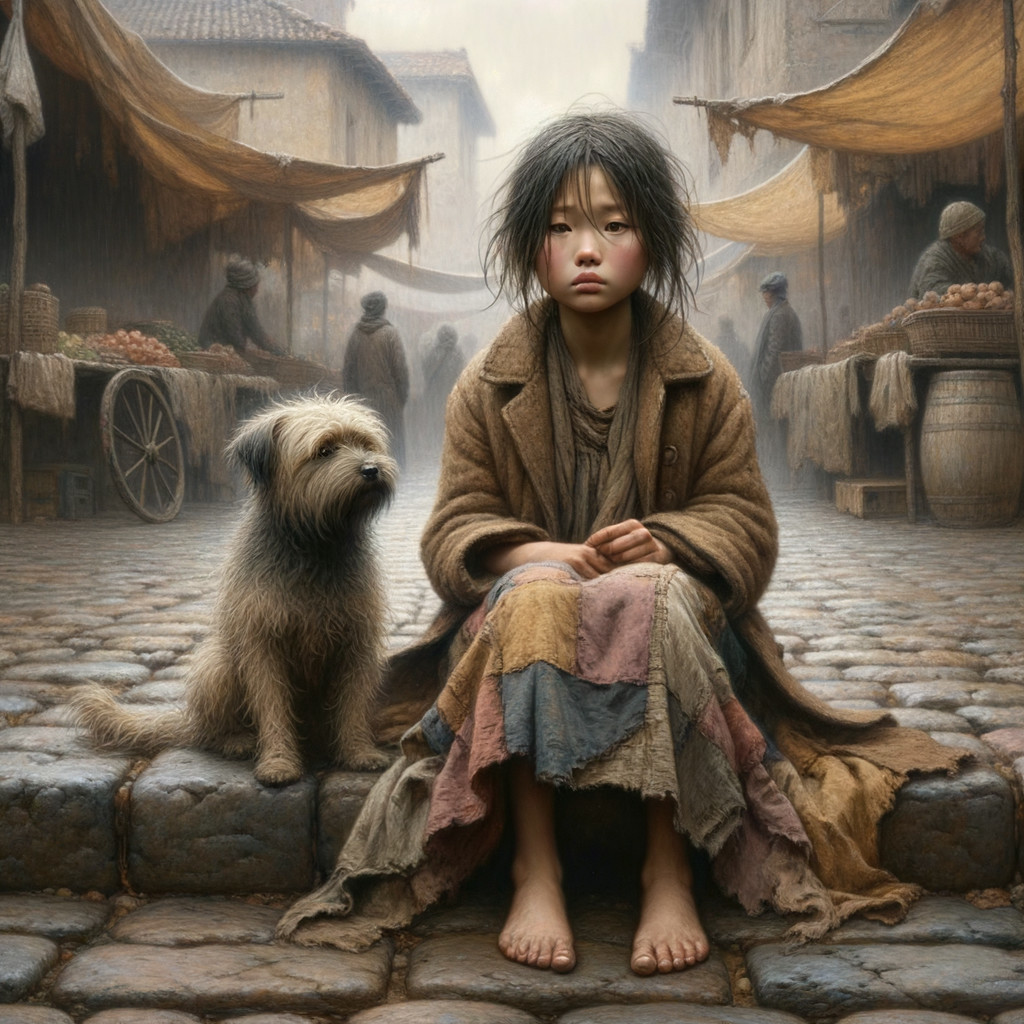 Young girl with dog on cobblestone street scene