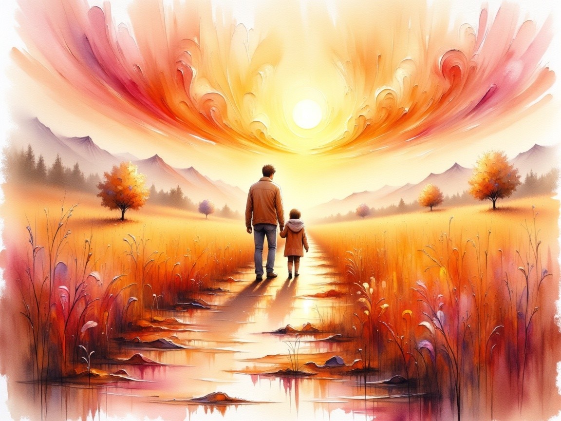 Serene Landscape of Father and Child in Warm Hues