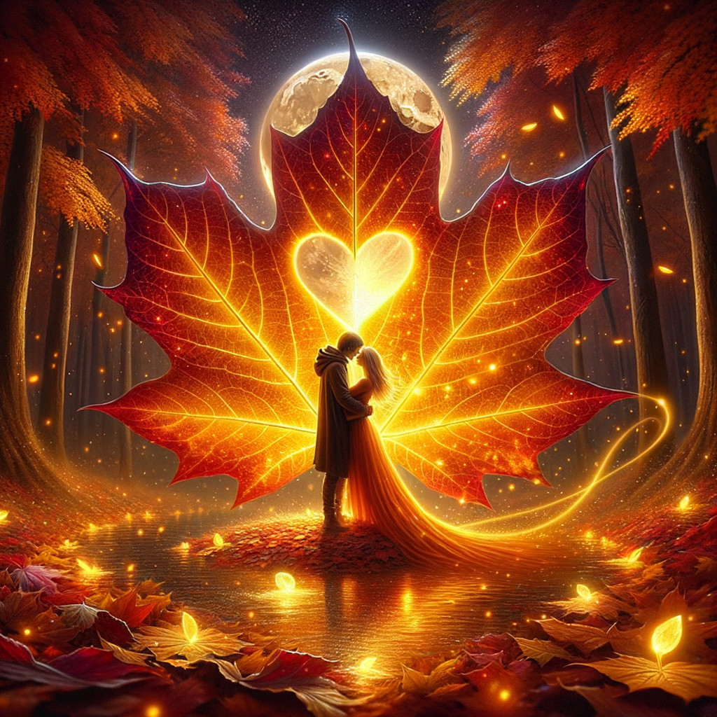 Couple Embracing Under Heart-Shaped Maple Leaf