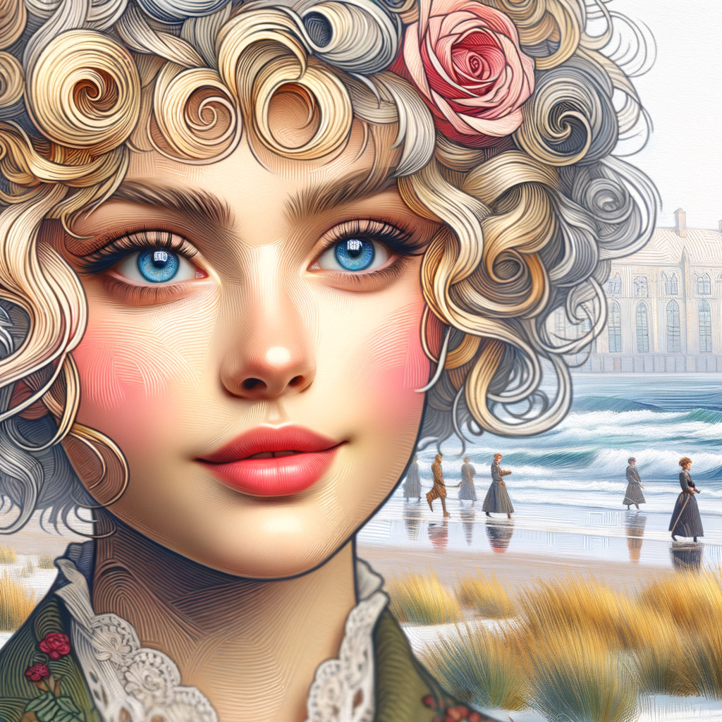 Young woman with blue eyes and curly hair at beach