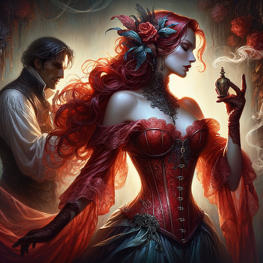 Romantic Scene with Woman, Perfume, and Shadowy Figure