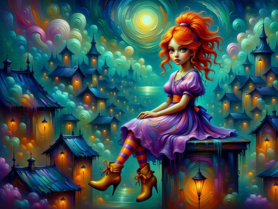 Whimsical Rooftop Scene with a Young Girl and Lanterns