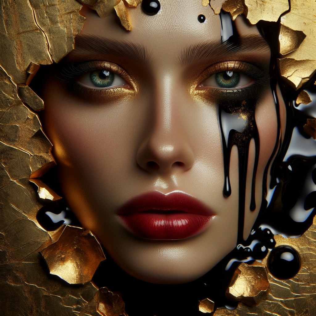 Close-Up of Woman's Face on Cracked Golden Surface