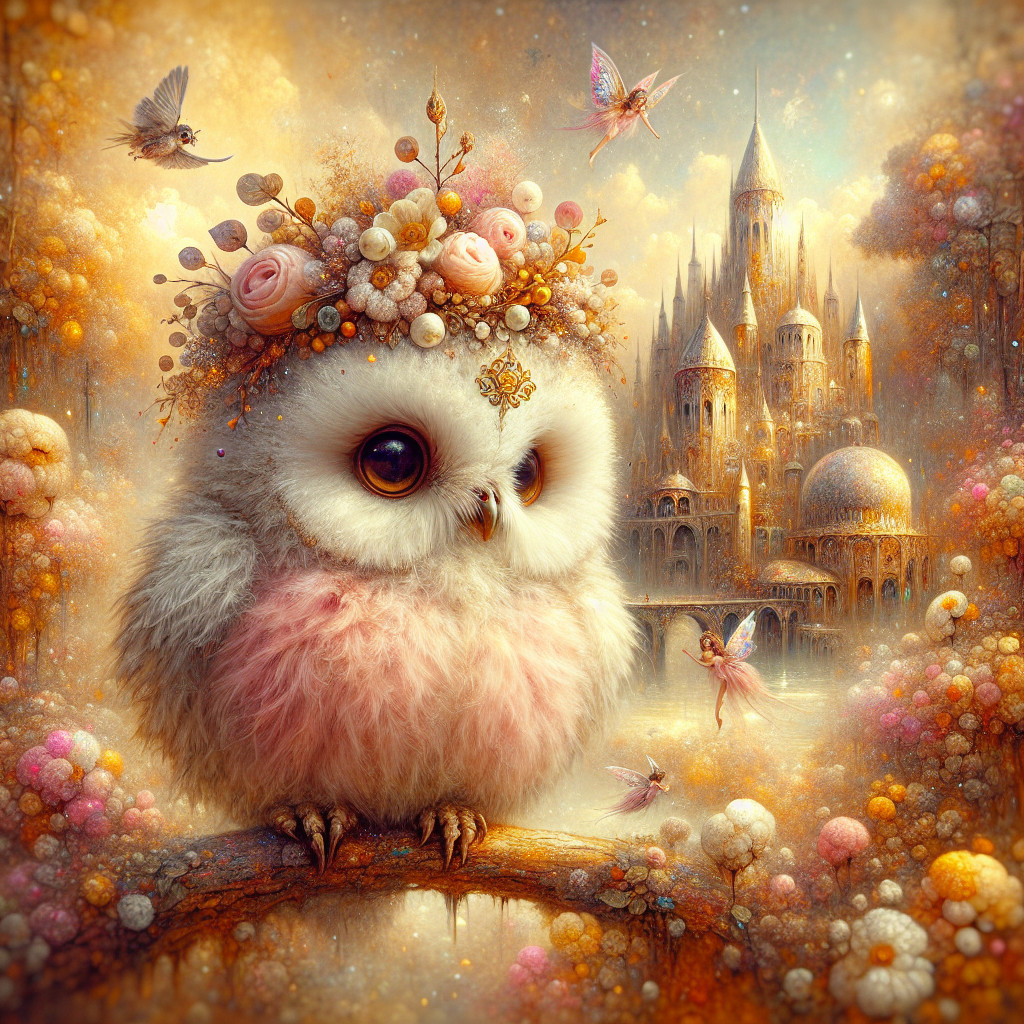 Whimsical Owl with Floral Crown in Enchanting Scene