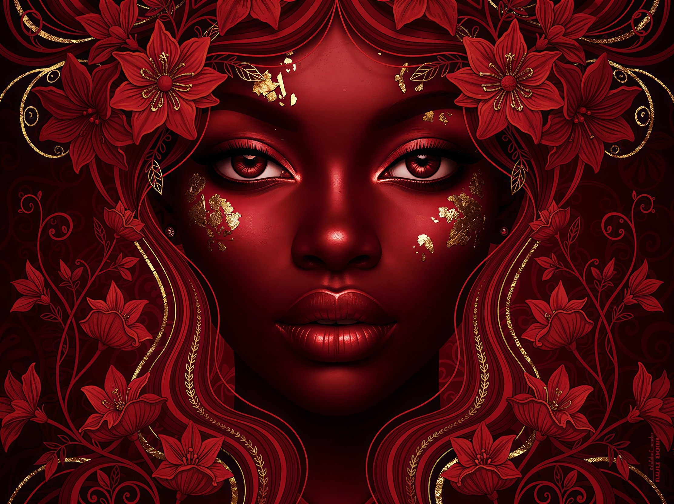 Close-Up of Woman's Face with Red Flowers and Gold
