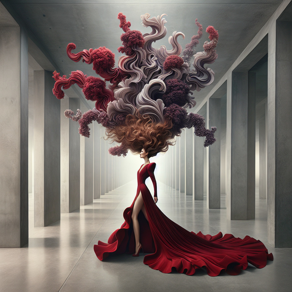 Minimalist Space with Figure in Flowing Red Gown