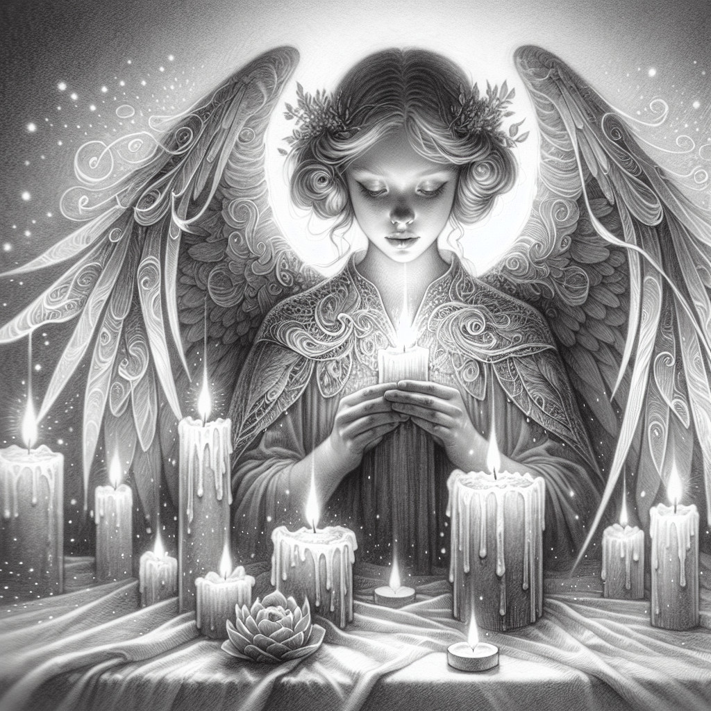 Serene angel with candles and blooming lotus scene