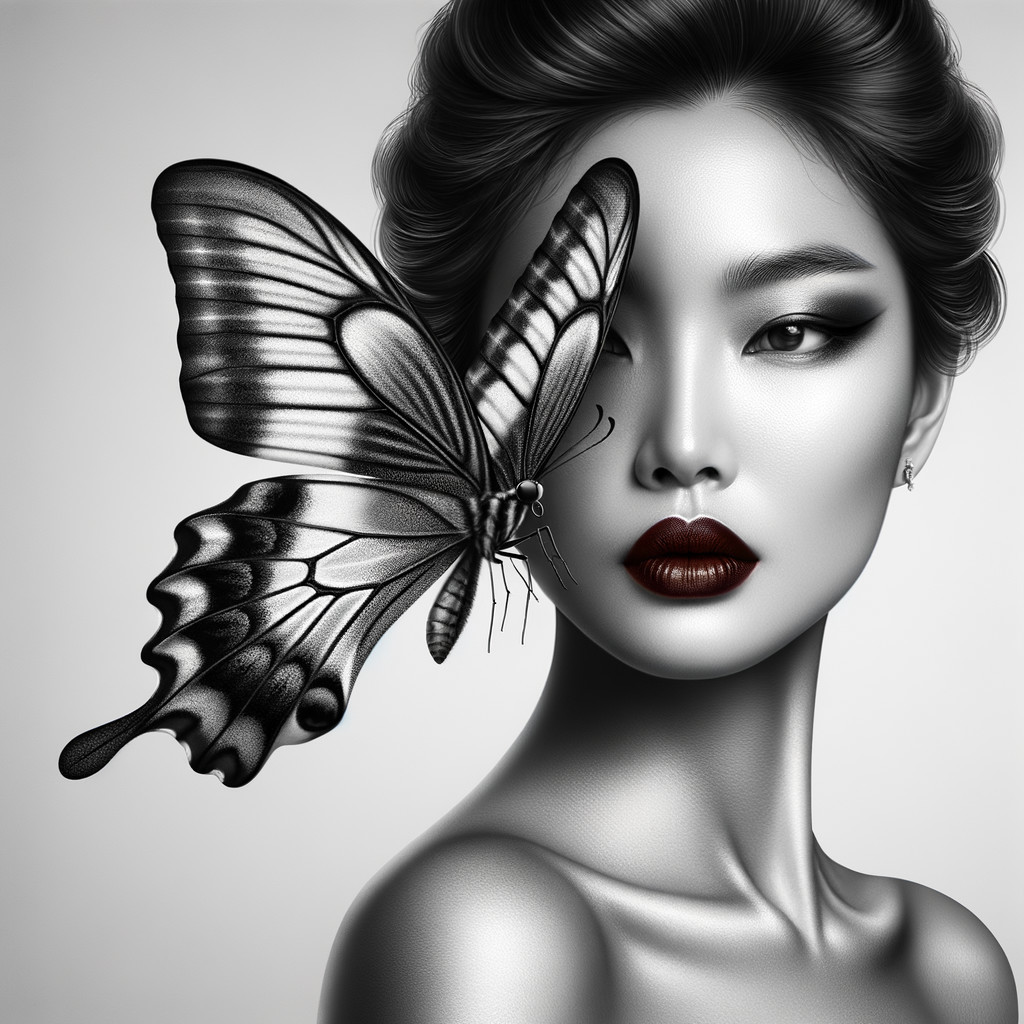 Black-and-White Portrait of a Woman with Butterfly