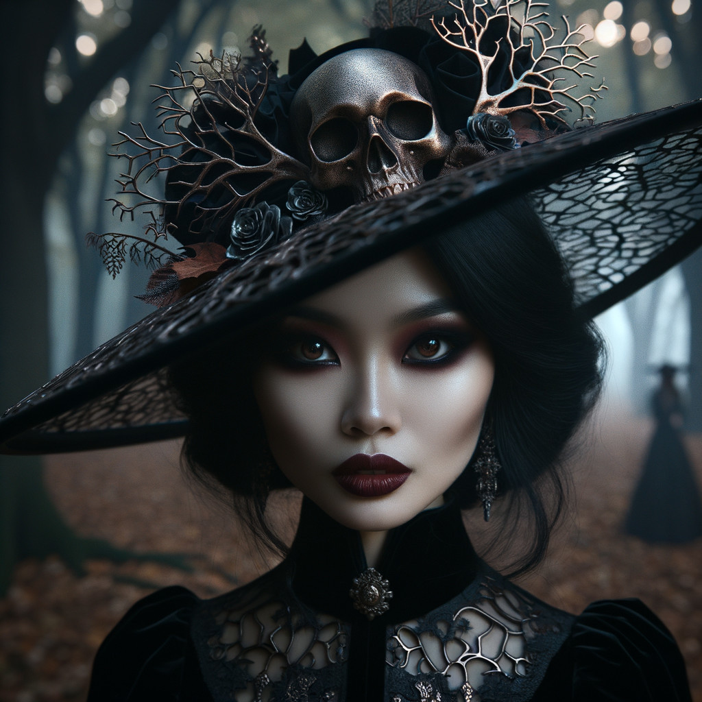 Mysterious Woman in Dark Gown in Foggy Forest