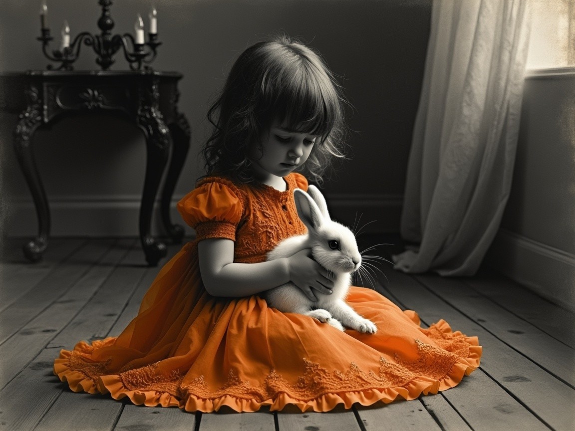 Young girl in orange dress holding a white rabbit