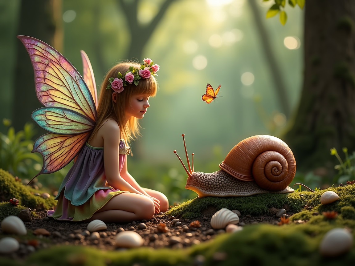 Fairy in Pastel Dress with Snail in Magical Forest