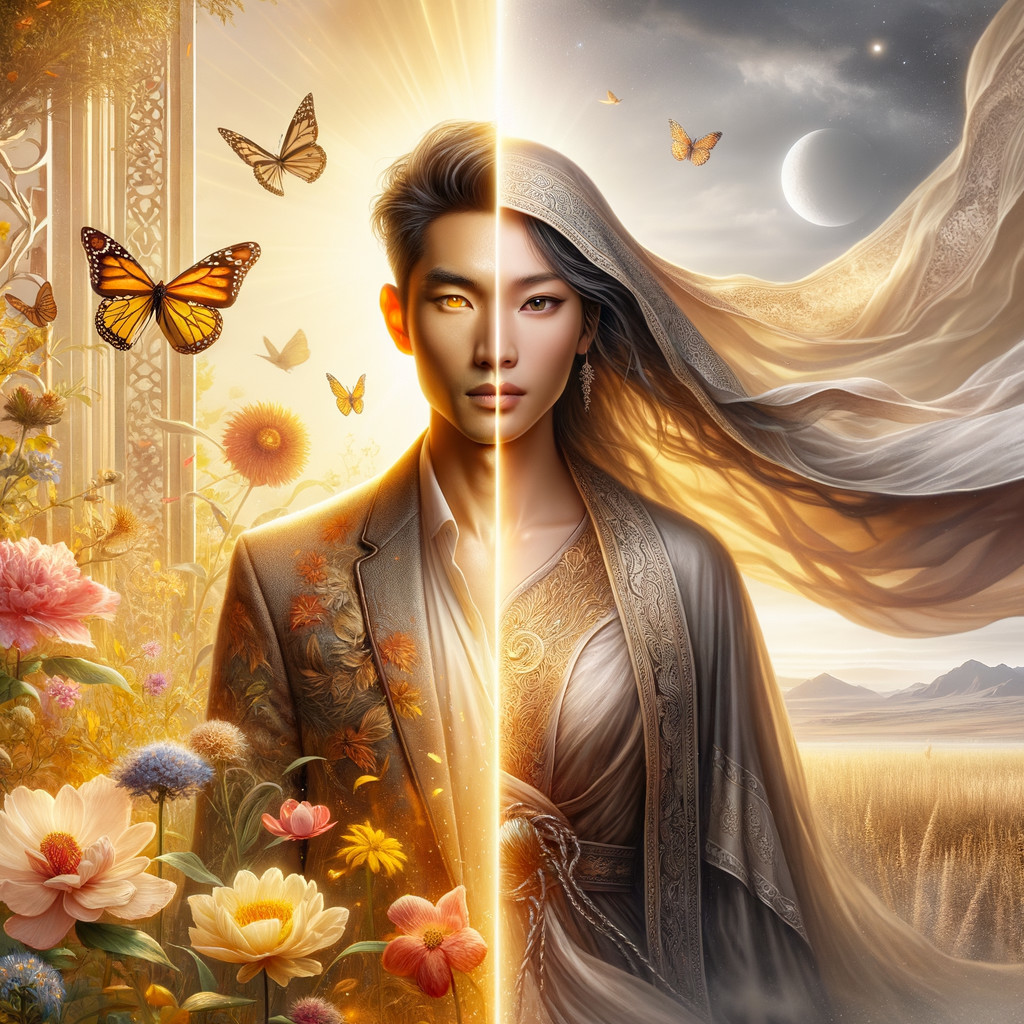 Split Portrait of Elegance and Nature Themes