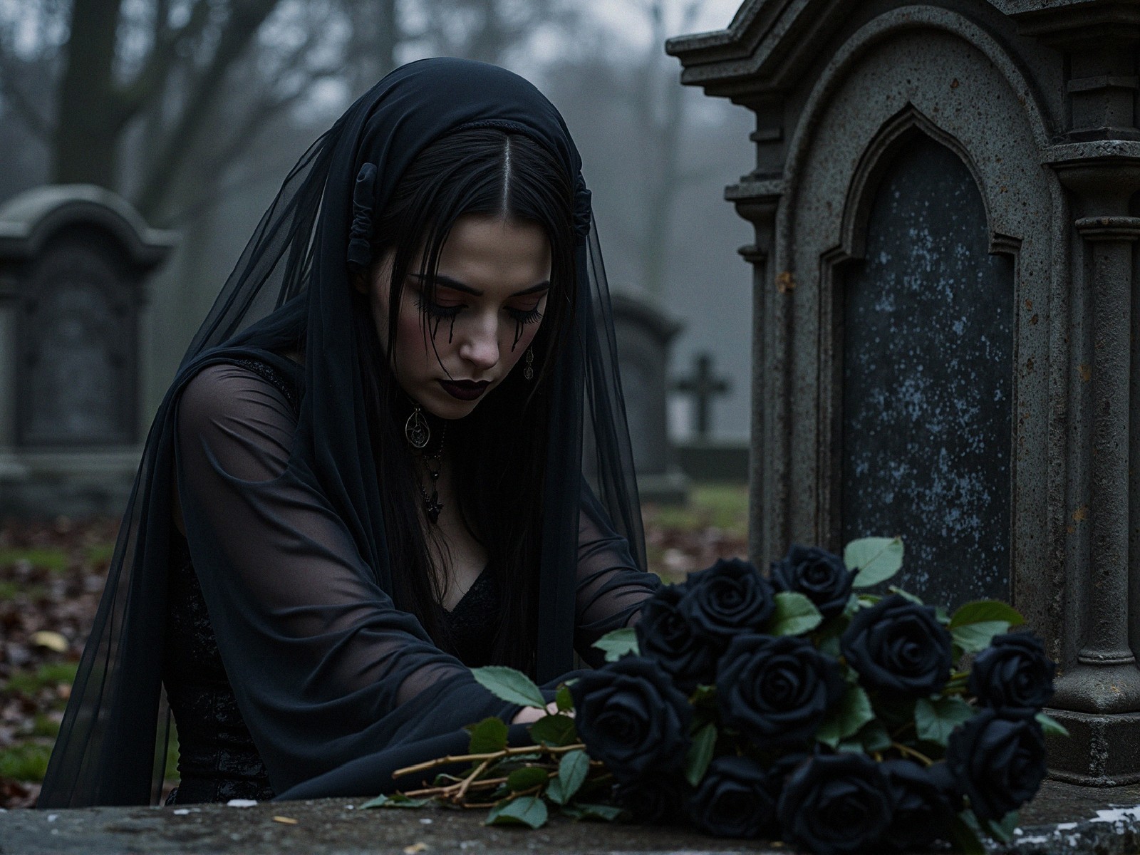 Somber figure in black near misty gravestone