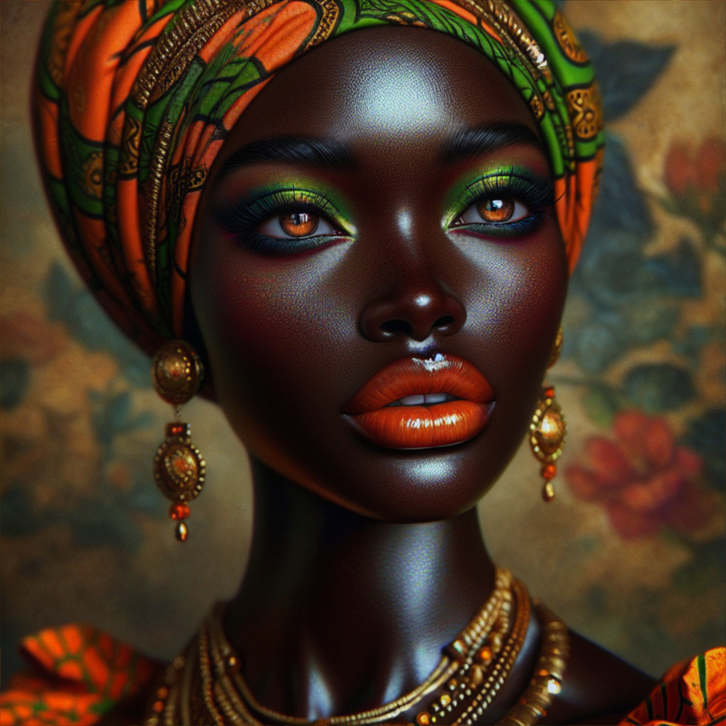 Portrait of a woman with vibrant headscarf and makeup