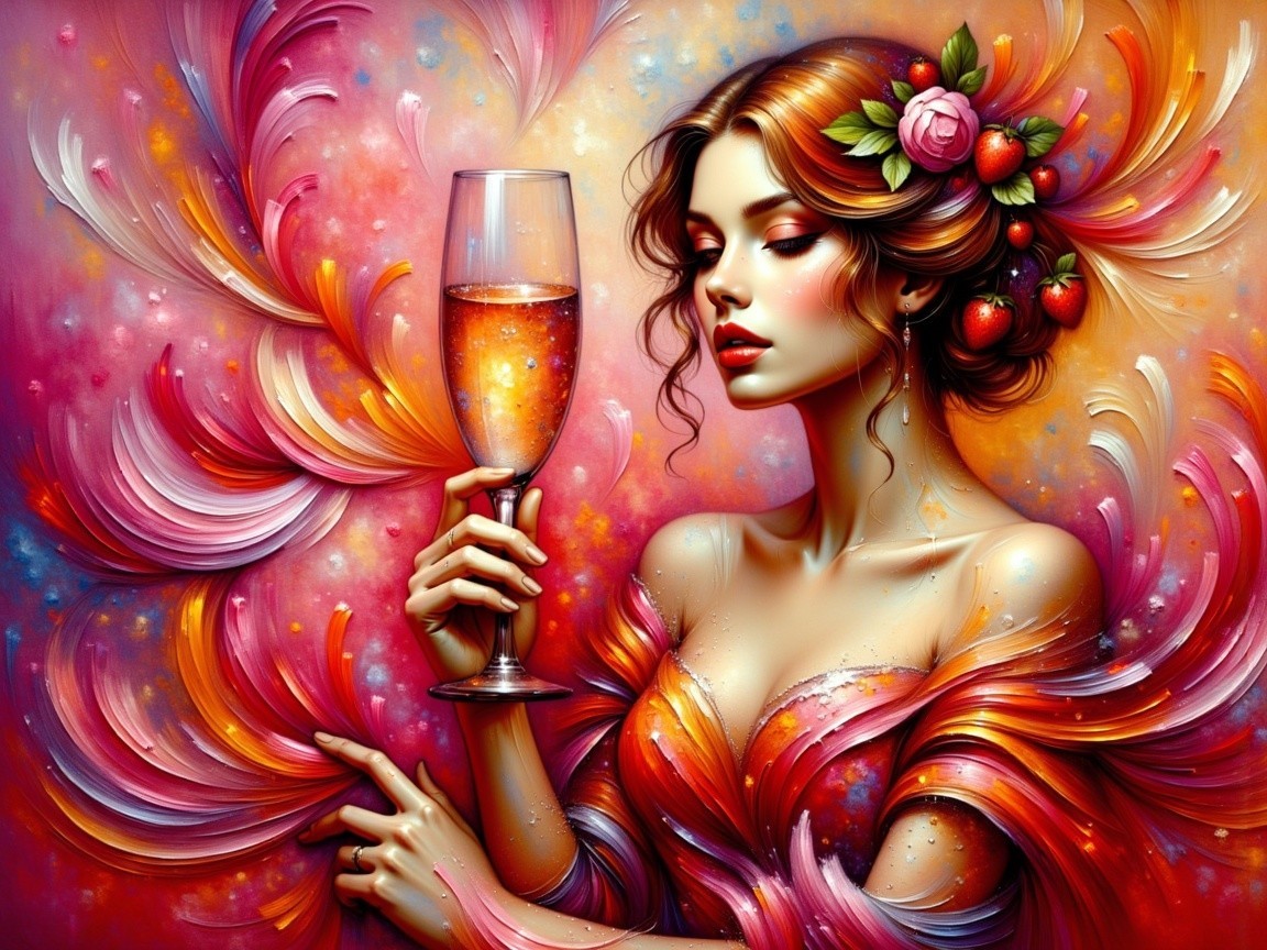 Elegant woman with flowers and champagne in vibrant setting