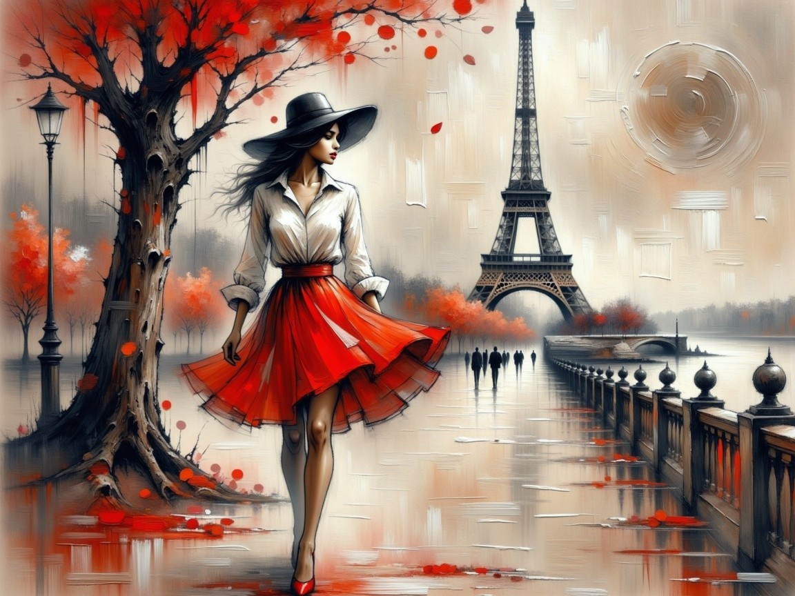 Fashionable Woman in Paris with Eiffel Tower Background