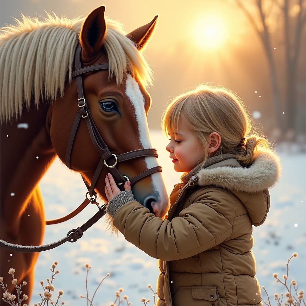Child Reaching for Horse in Serene Winter Scene