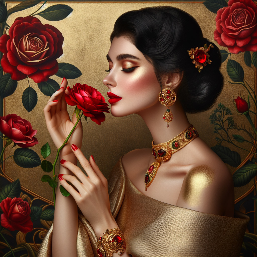 Elegant Woman with Dark Hair and Golden Jewelry