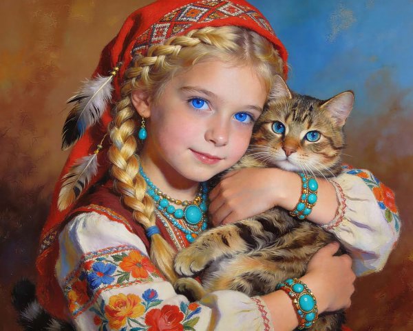 Vibrant Oil Painting of Ukrainian Girl with Cat