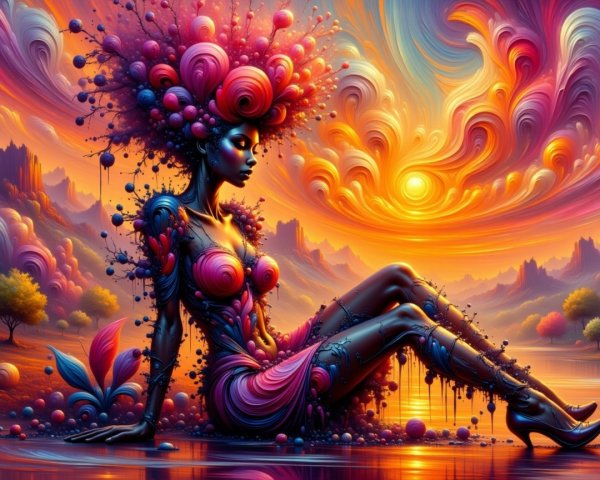 Surreal Scene of a Woman by a Tranquil Water Body
