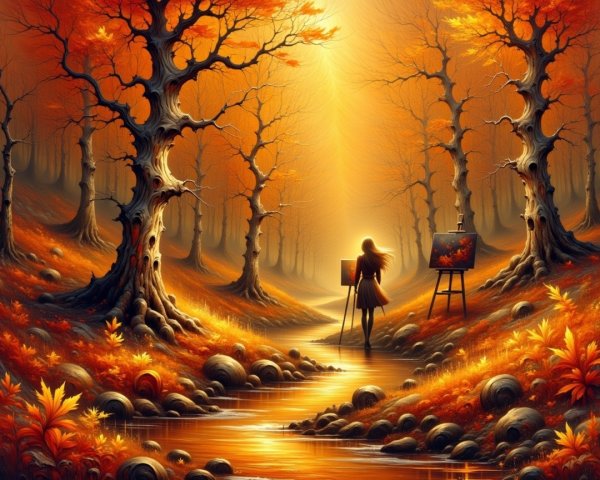 Autumn Forest Landscape with Vibrant Foliage and Stream