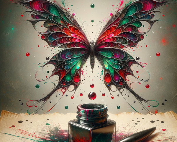 Butterfly Emerging from Colorful Ink Spill Scene