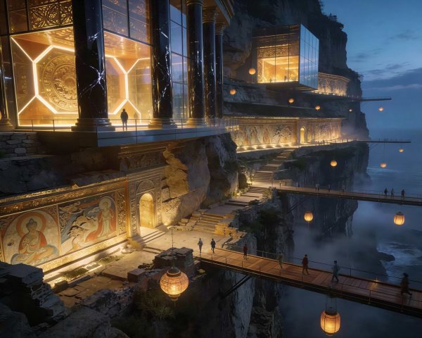 Temple Complex on Cliff Overlooking Ocean at Twilight