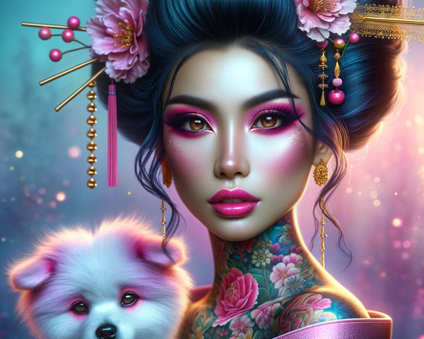 Portrait of a Woman in Traditional Attire with Pomeranian