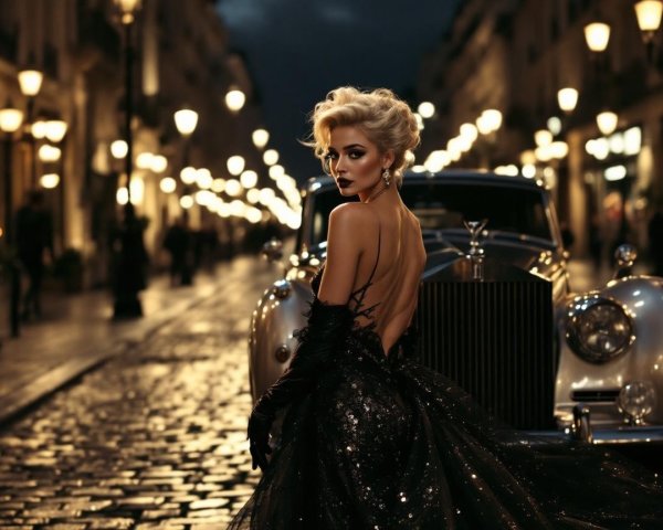 Glamorous Woman in Black Sequined Gown on Cobblestone Street
