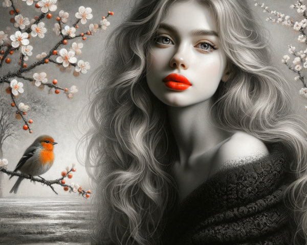 Portrait of a Young Woman with Cherry Blossoms and Bird