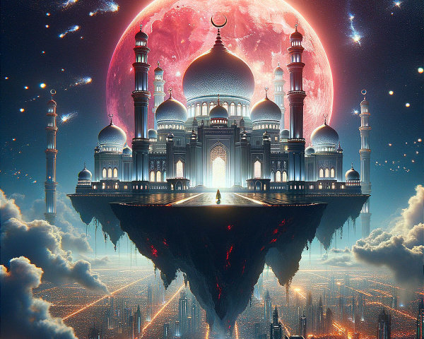 Majestic Floating Palace Above Futuristic Cityscape