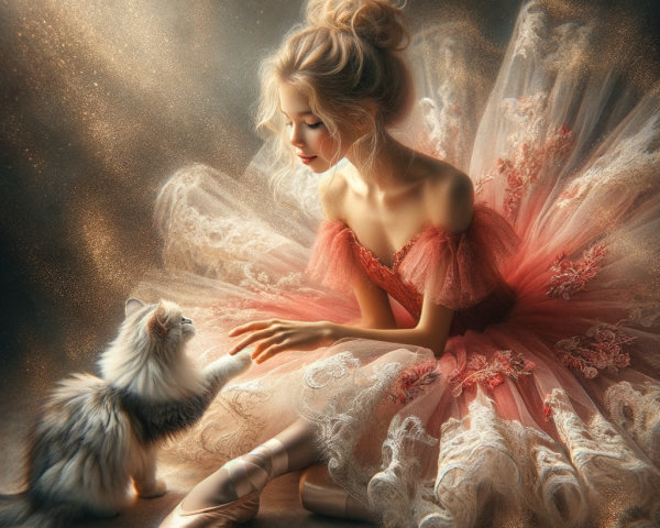 Young ballerina in pink tutu with fluffy white cat