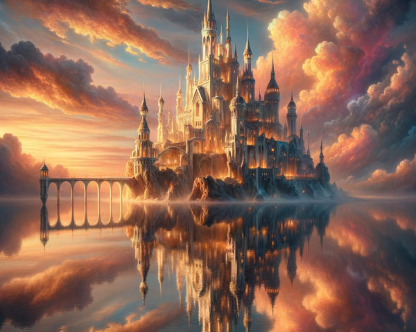 Majestic Fantasy Castle on Rocky Island at Sunrise