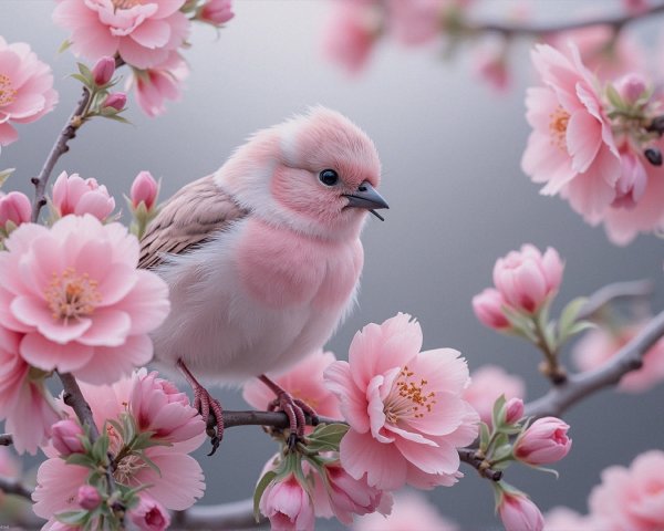 Pink Bird Among Blooming Cherry Blossoms Scene