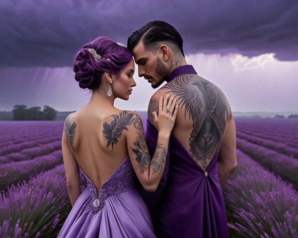 Couple in Lavender Field with Dramatic Sky and Tattoos