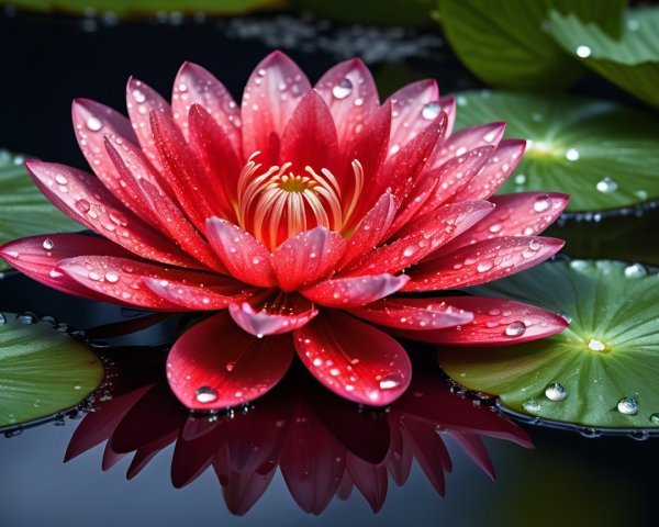 Red Lotus Flower Blooming on Tranquil Water Surface
