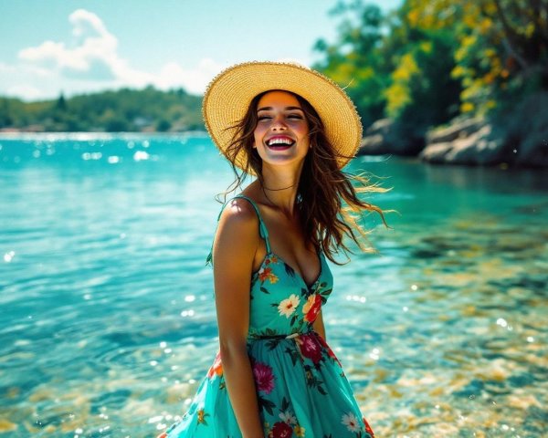 Joyful Young Woman in Turquoise Water and Floral Dress