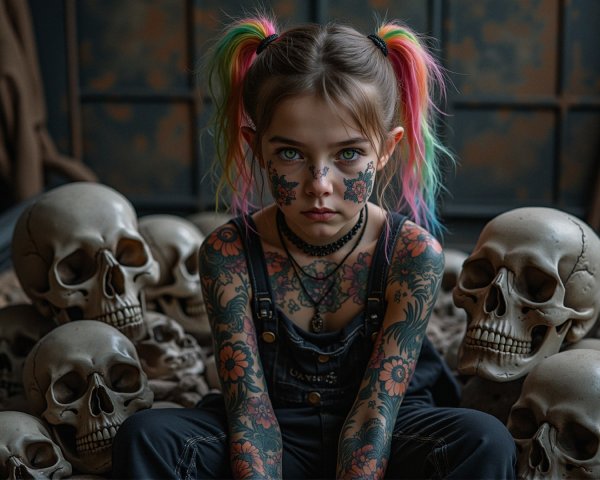 Young girl with colorful pigtails among artistic skulls