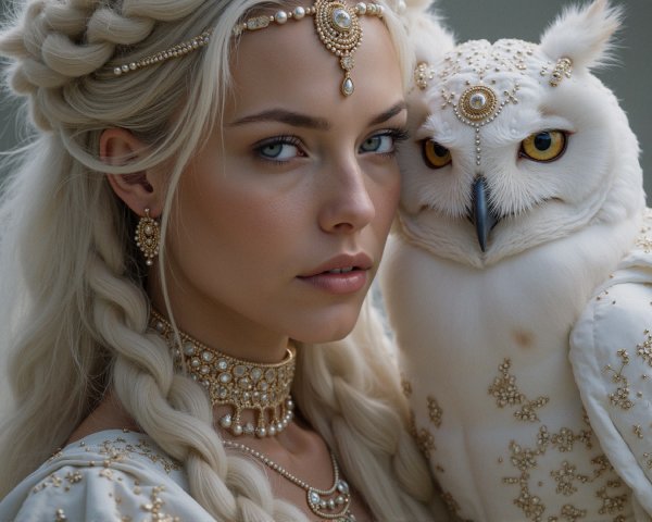 Regal woman with platinum hair and majestic owl