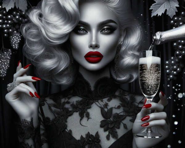 Elegant Woman with Silver Hair and Black Lace Outfit